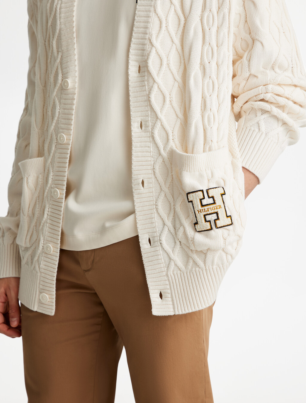 Cable Knit Letterman Applique Cardigan, Ivory Petal, hi-res