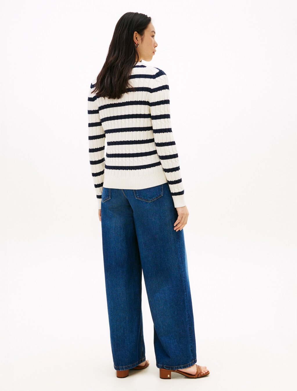 Mid-Gauge Cable Knit Round Neck Cardigan, Ivory Petal/Dark N Navy Stp, hi-res