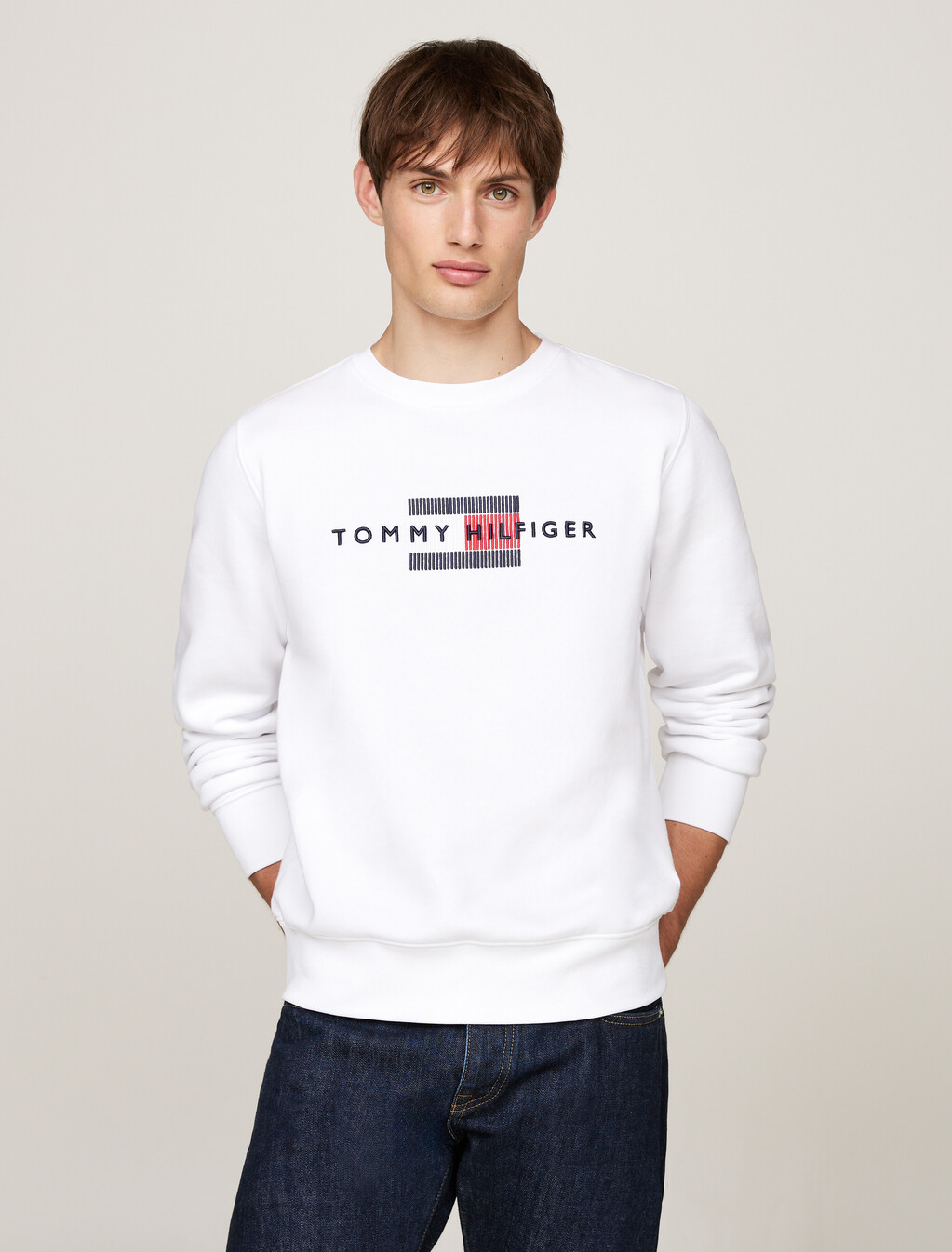 Logo Embroidery Crew Neck Sweatshirt, White, hi-res
