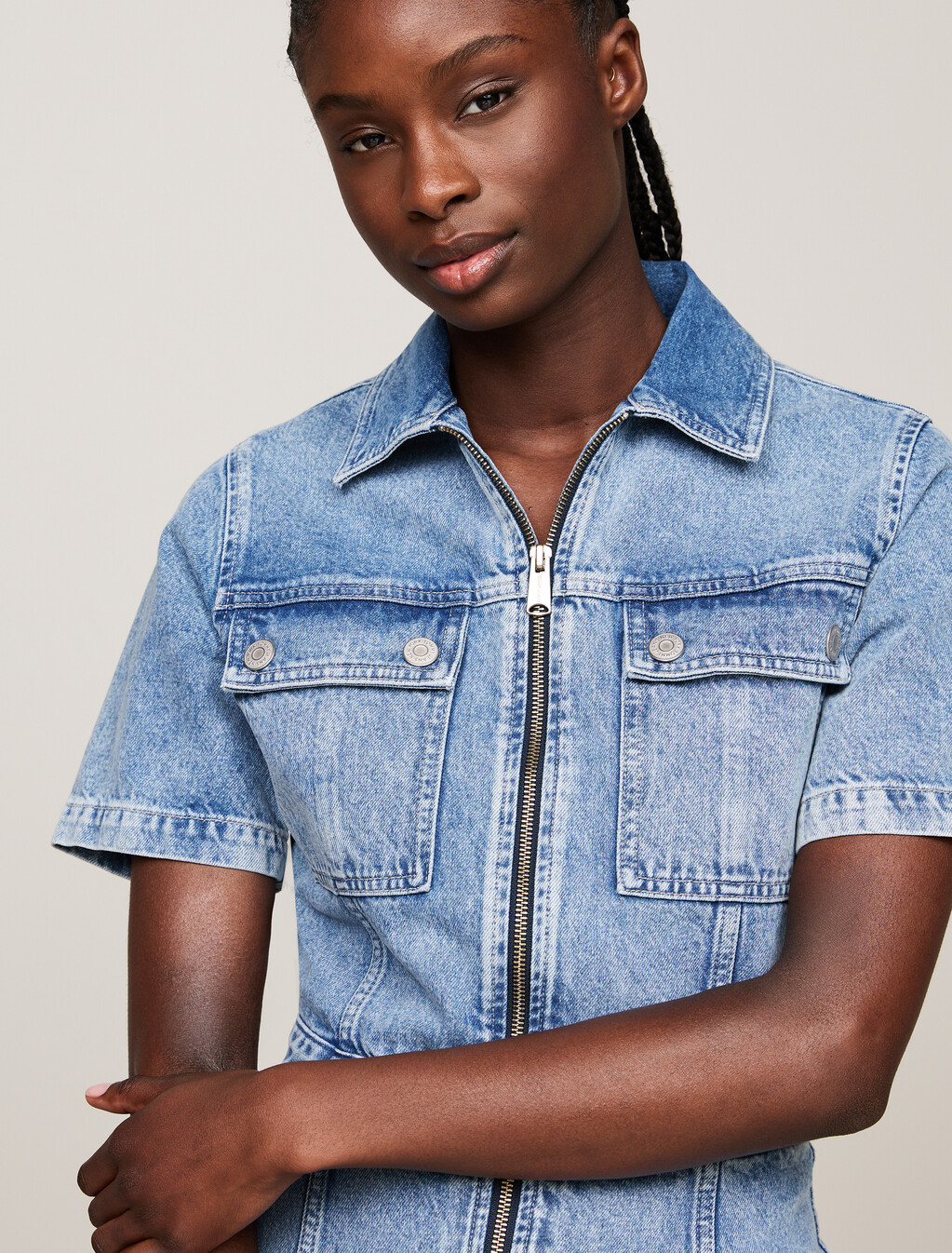 Zip-Thru Slim Denim Utility Mini Dress, Denim Medium, hi-res