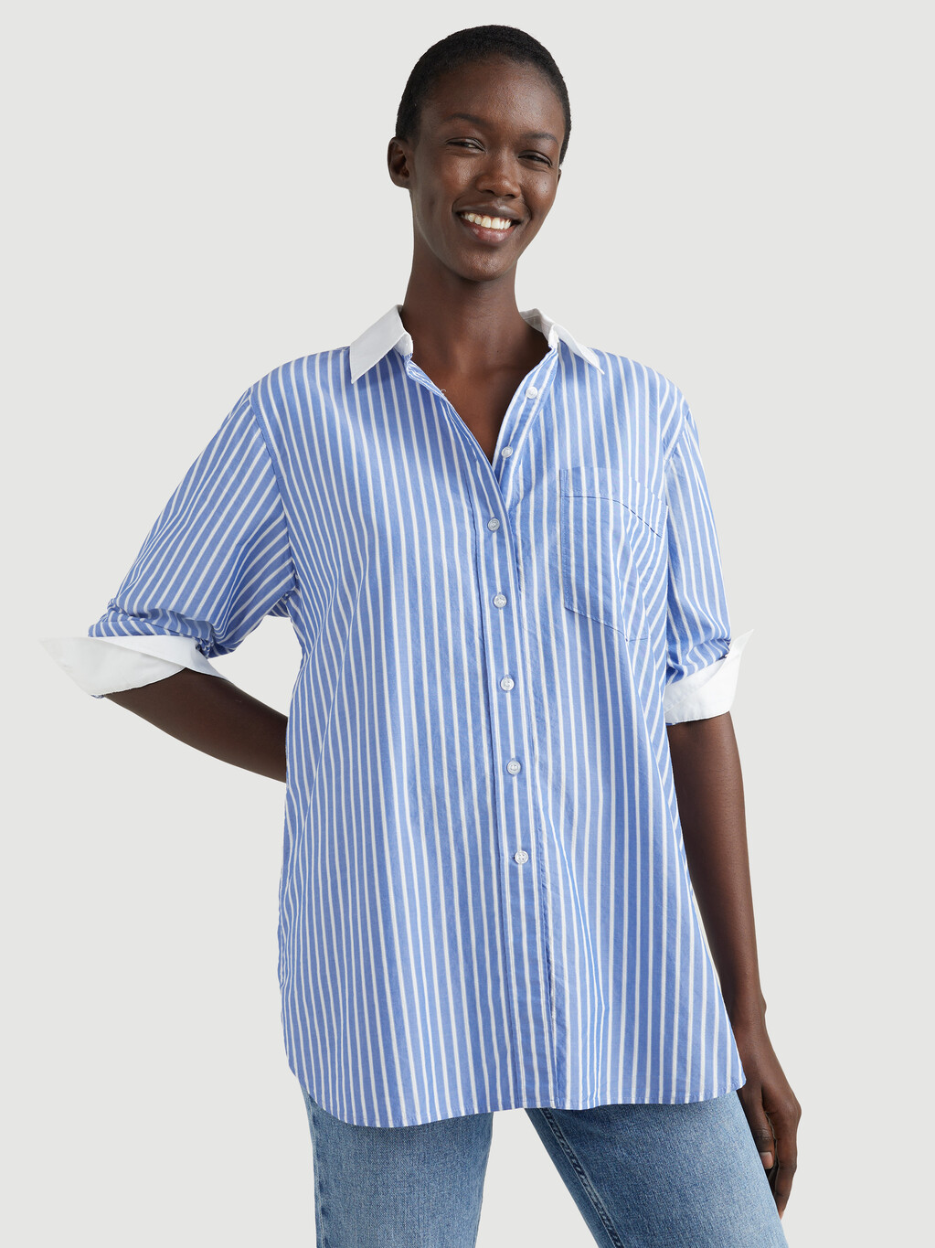 VERTICAL STRIPE OVERSIZED FIT SHIRT, Prep Shirt Stripe /Blue White, hi-res