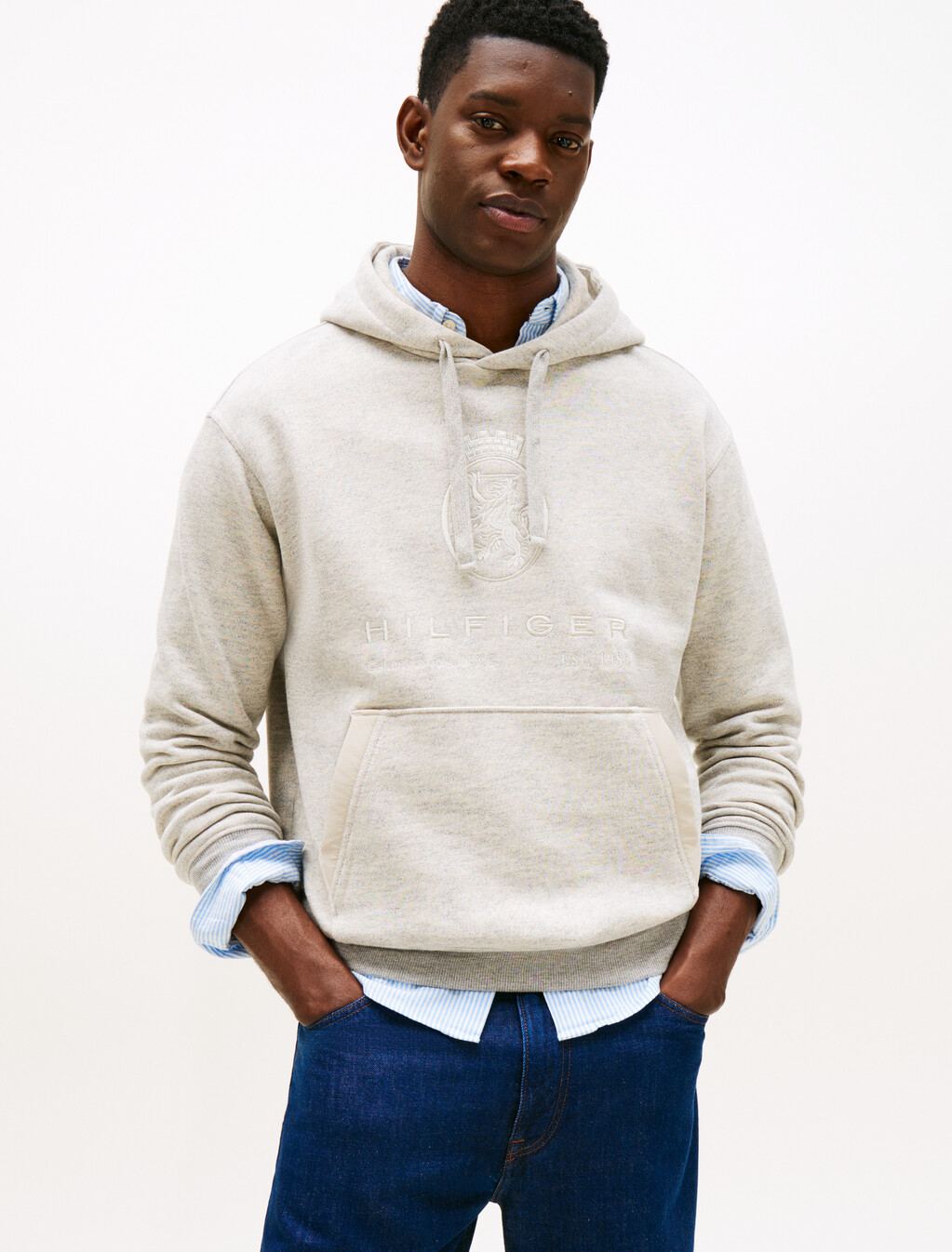 Varsity Crest Relaxed Fleece Hoody, Light Grey Marbled Heather, hi-res