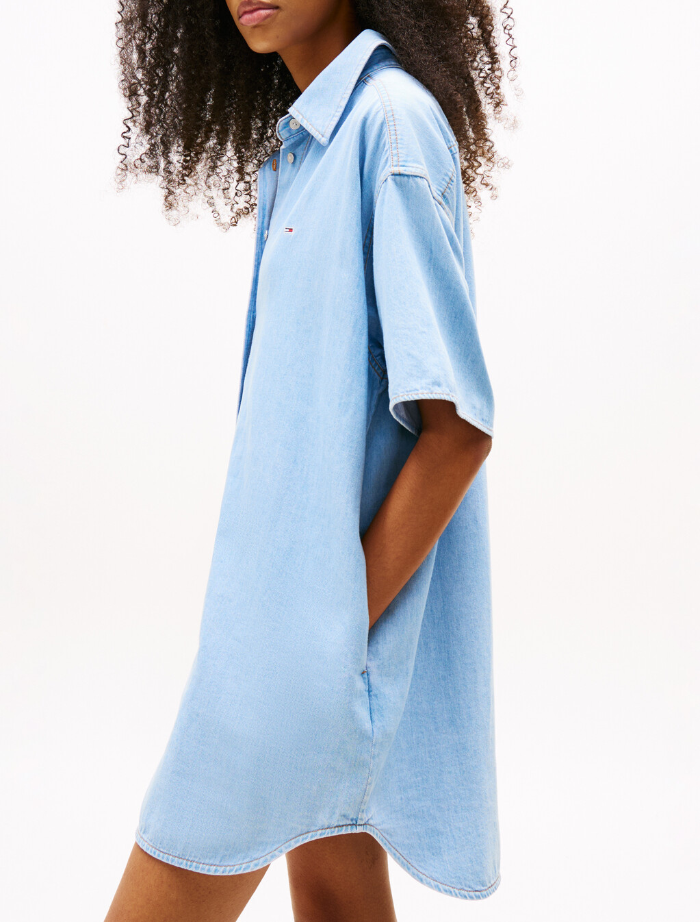 Mini Denim Short Sleeve Shirt Dress, Denim Light, hi-res