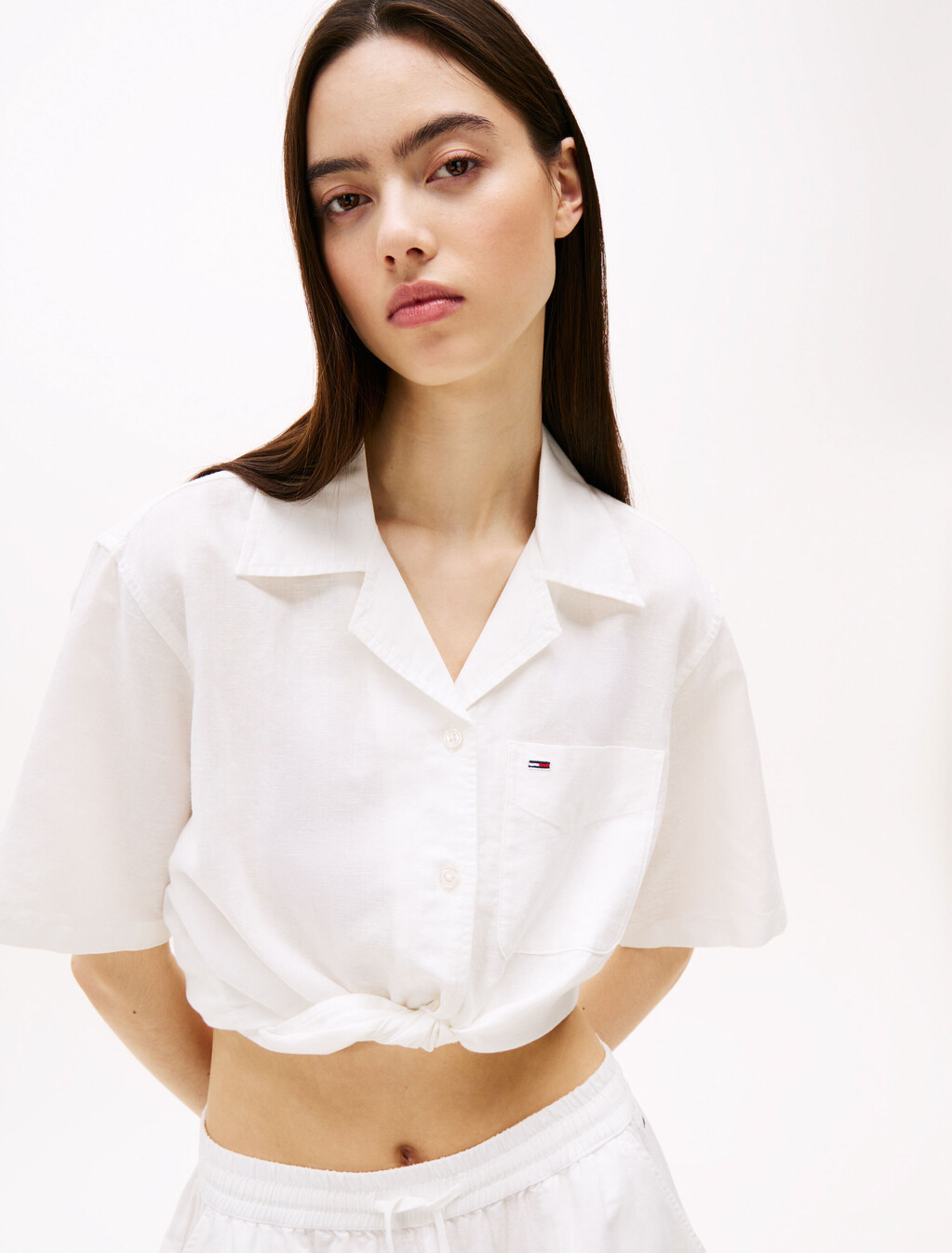 Cropped Cotton Linen Shirt, Ecru, hi-res