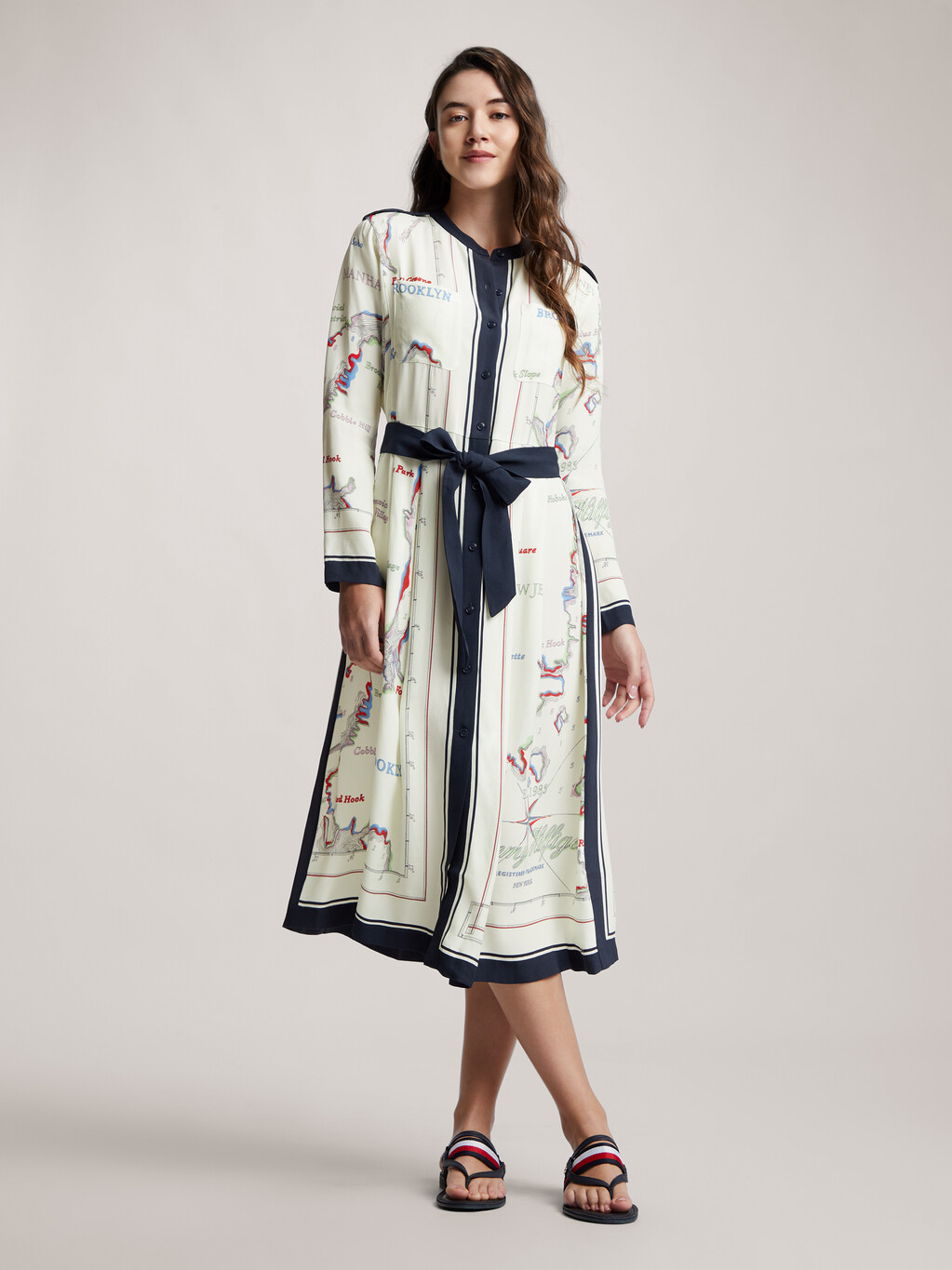 Atlas Scarf Print Midi Shirt Dress, Map Scarf/Ancient White, hi-res