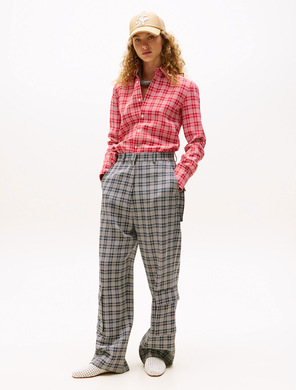 The Runway Collection Regular Silk Blend Shirt, Red/Cream Check, hi-res