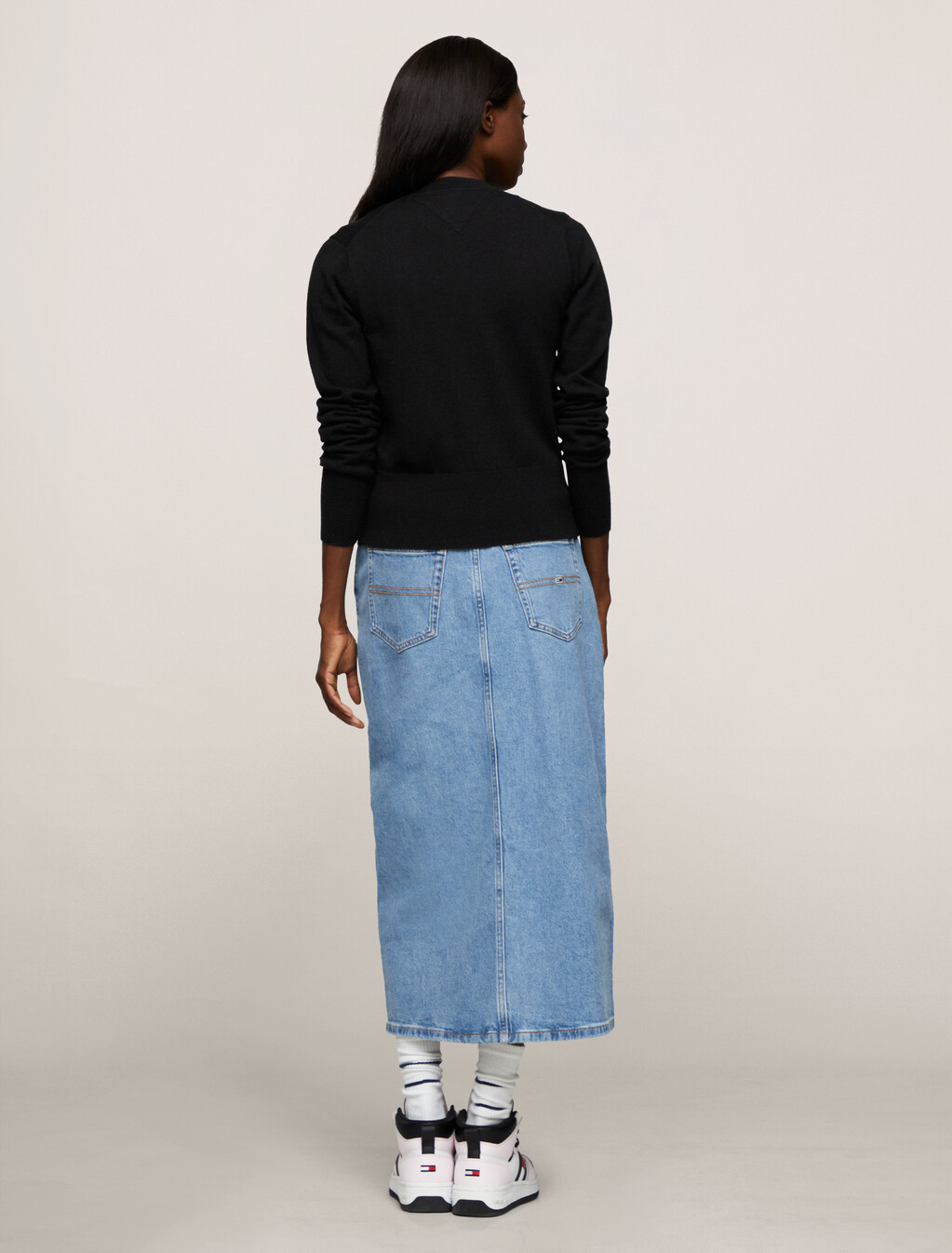 Script Logo Round Neck Cardigan, Black, hi-res