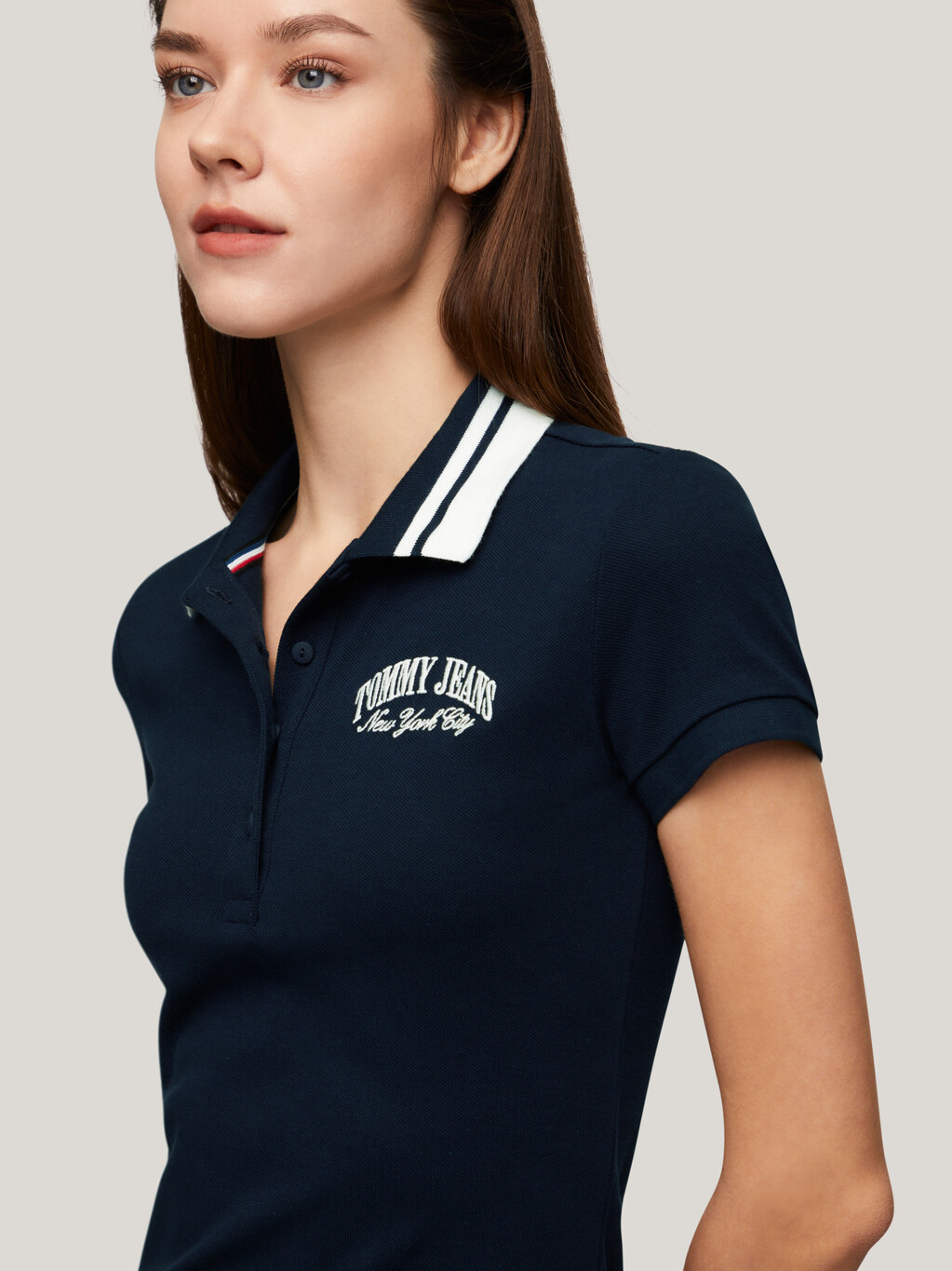 Tipped Collar Fitted Polo Dress, Dark Night Navy, hi-res