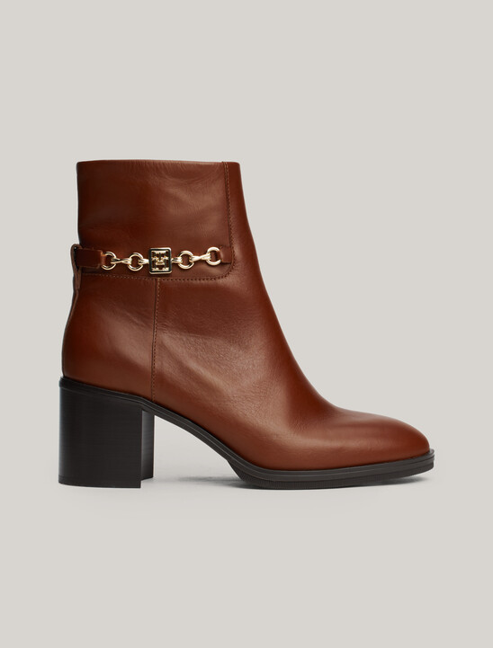 Leather Chain Hardware Block Heel Boots