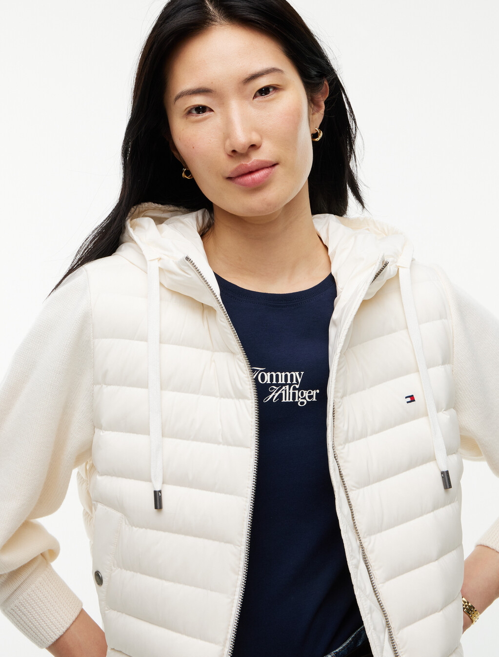 Mixed Texture Hooded Down Jacket, Ivory Silk, hi-res