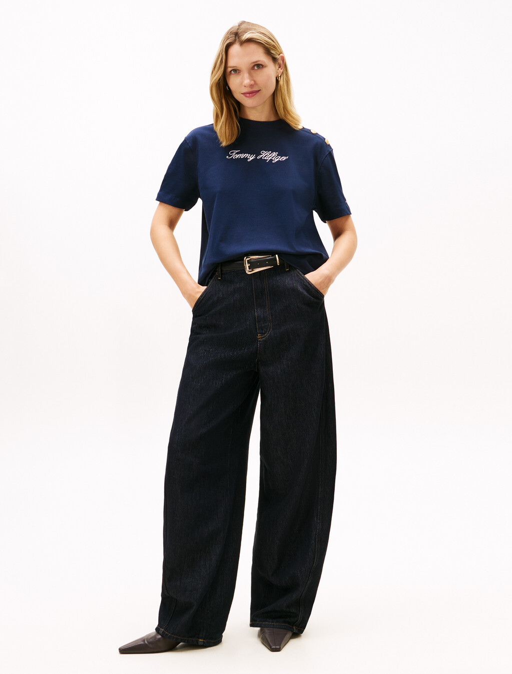 Gold-Tone Button Logo Embroidery Relaxed T-Shirt, Dark Night Navy, hi-res