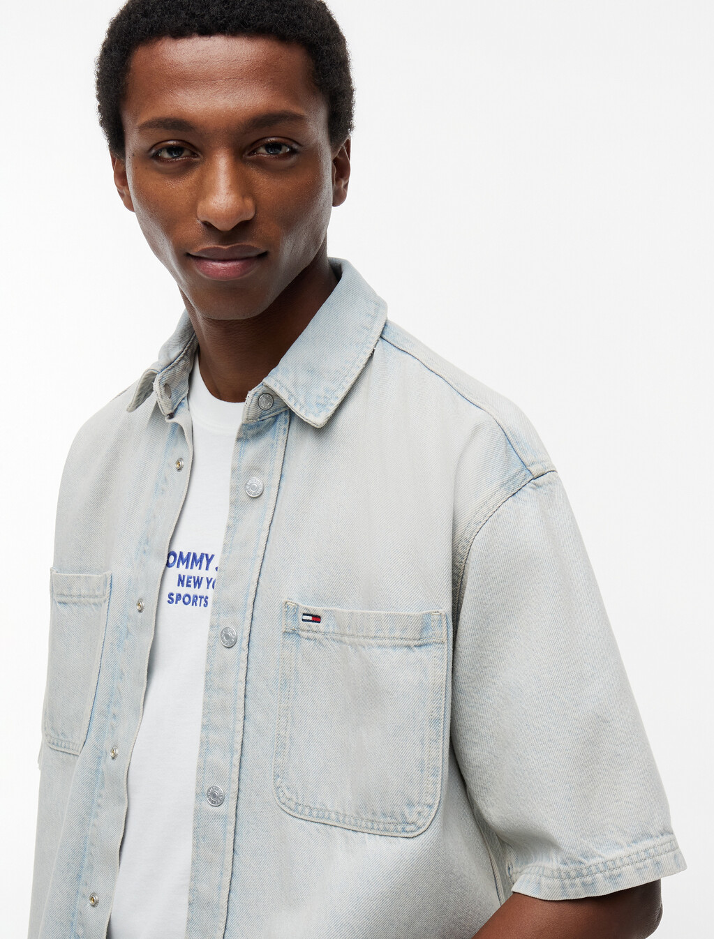 Short Sleeve Utility Denim Shirt, Denim Light, hi-res
