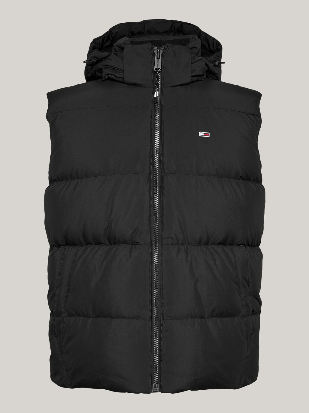 Down Hooded Zip-Thru Vest, Black, hi-res