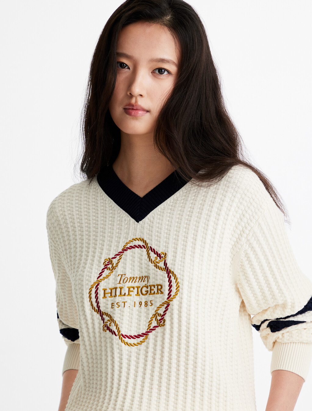 Graphic V Neck Sweater, Ivory Petal, hi-res