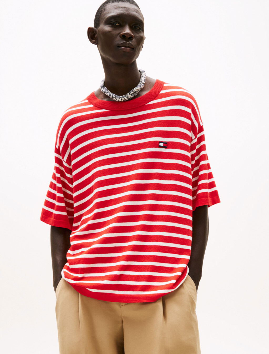The Runway 系列山羊絨條紋 T 恤, Fire Red / Ecru Stripe, hi-res