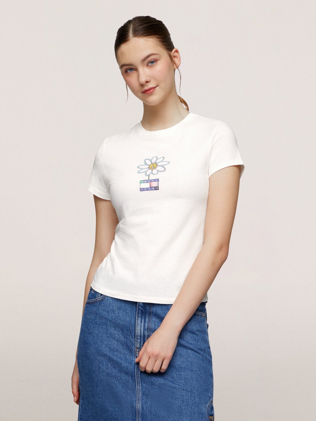 Flower Print Slim T-Shirt, Ancient White, hi-res