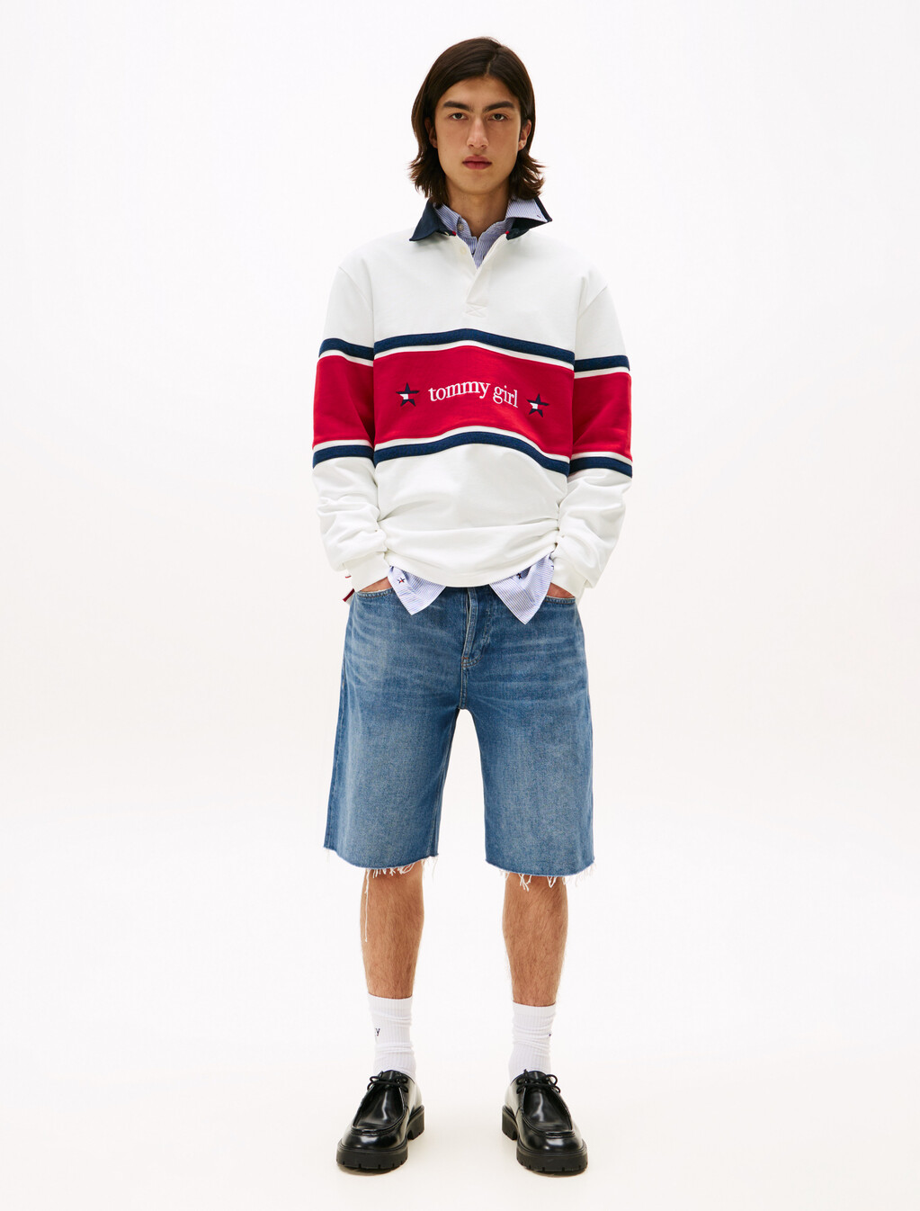 Tommy Girl 後背標誌寬鬆條紋橄欖球衫, Ecru, hi-res