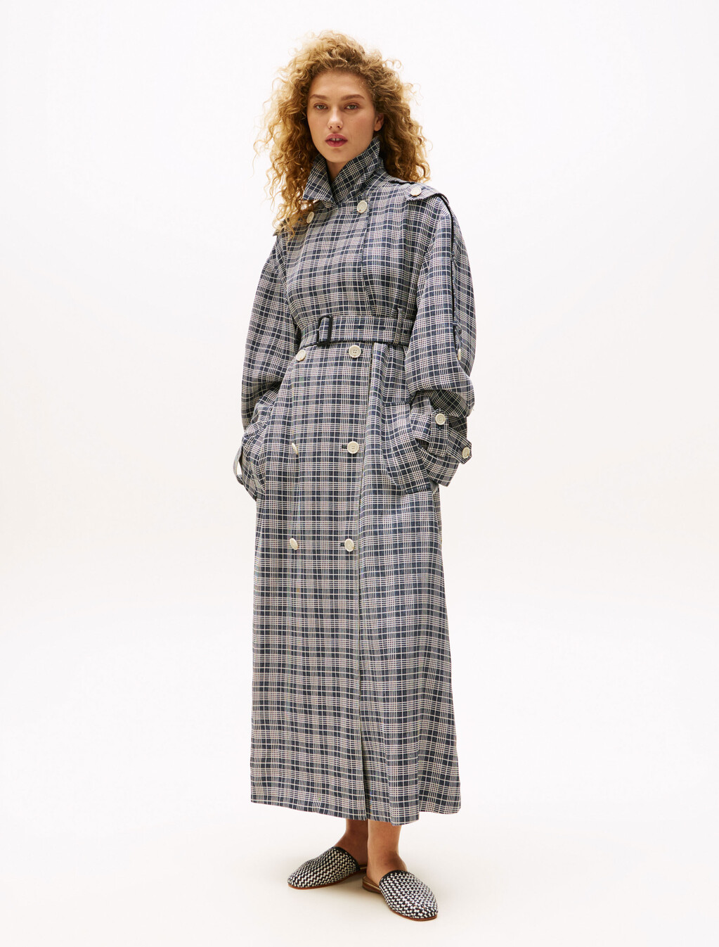 The Runway 系列絲質超寬鬆風衣, Navy Cream Check, hi-res