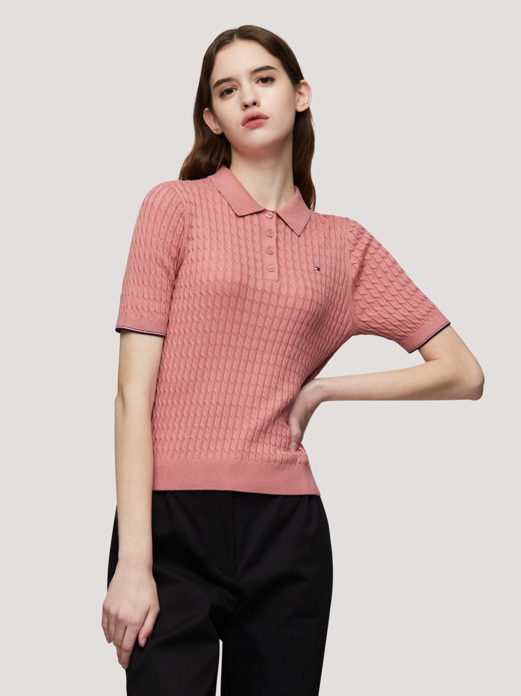 絞花針織修身短袖 Polo 針織衫, Teaberry Blossom, hi-res
