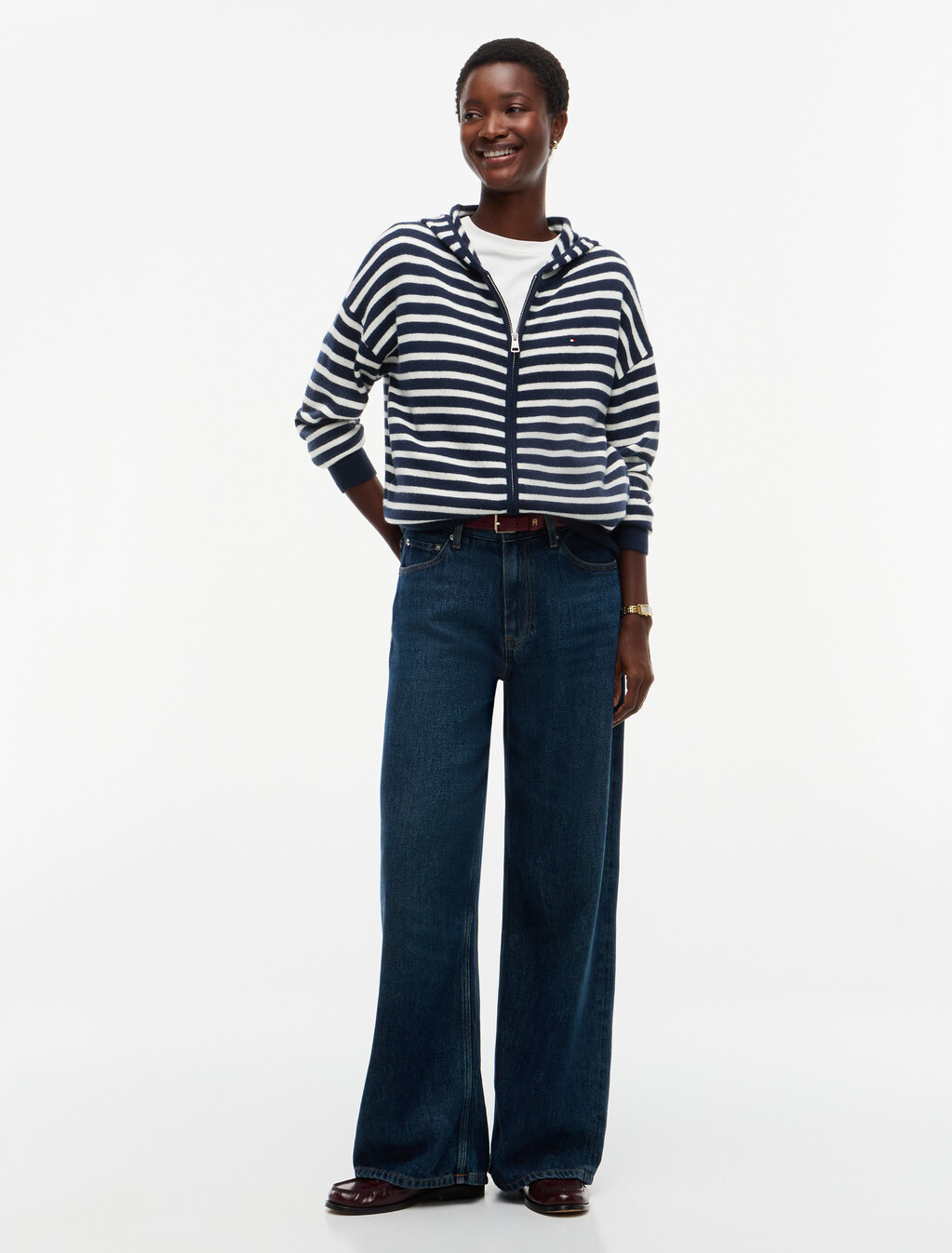 Pure Wool Slim Zip-Thru Hooded Jumper, Stripe Dark Blue / Ecru, hi-res