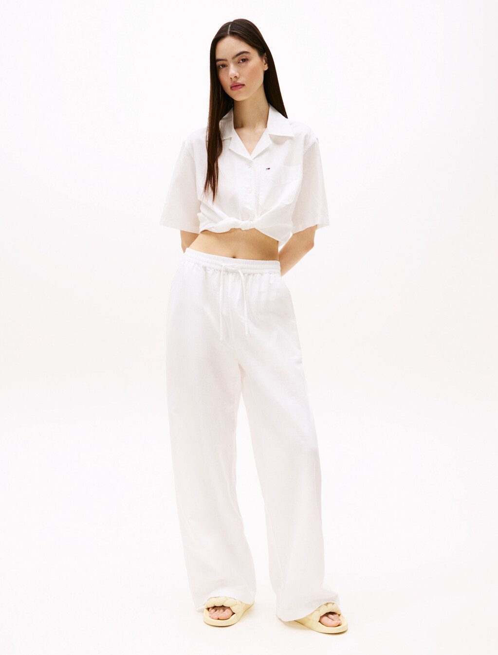 Cropped Cotton Linen Shirt, Ecru, hi-res