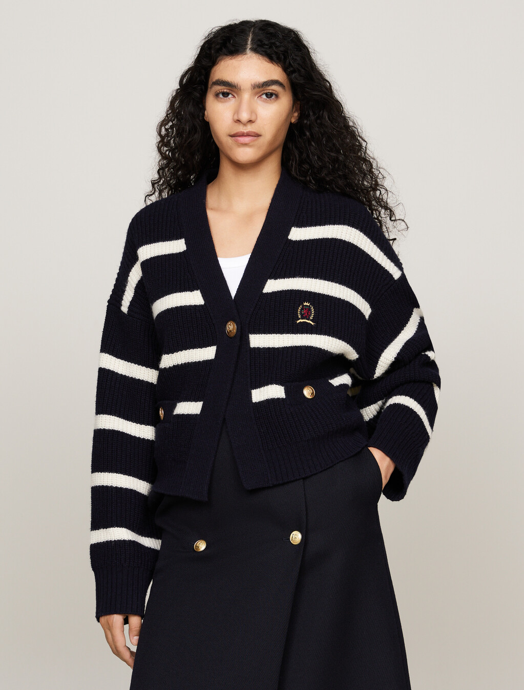Crest Breton Stripe Pure Wool Cardigan, Desert Sky, hi-res