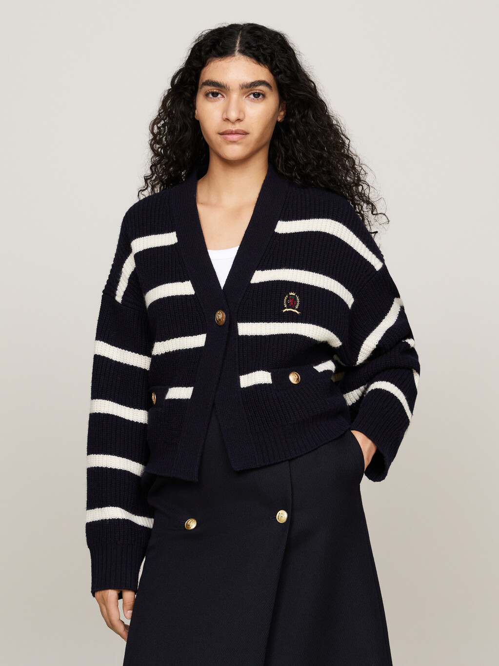 Crest Breton Stripe Pure Wool Cardigan, Desert Sky, hi-res