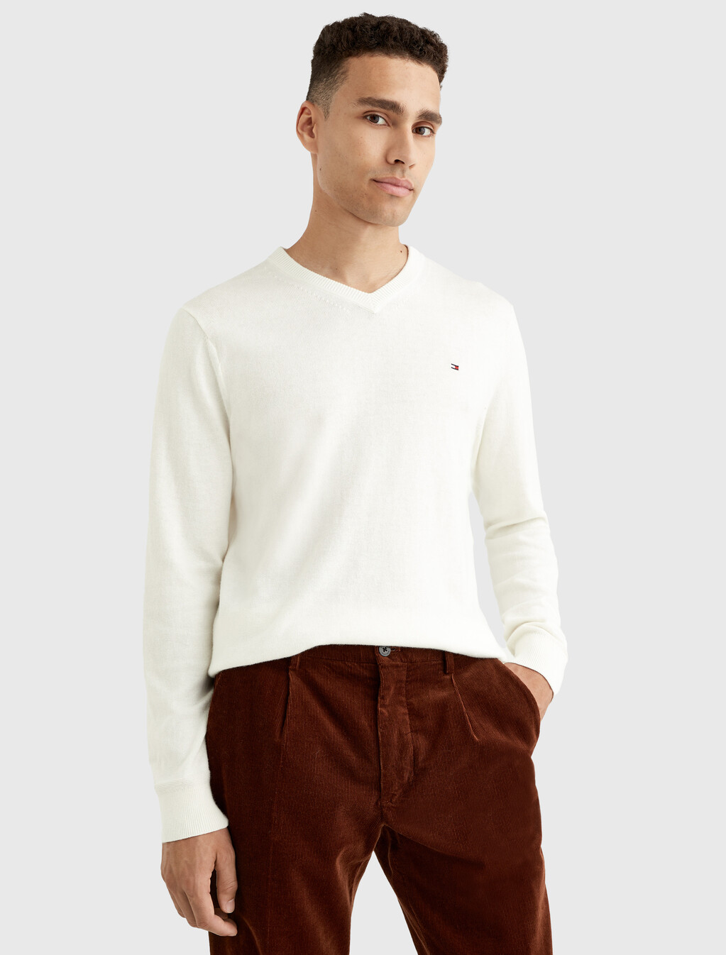Cotton Cashmere V-Neck Jumper, Ivory, hi-res