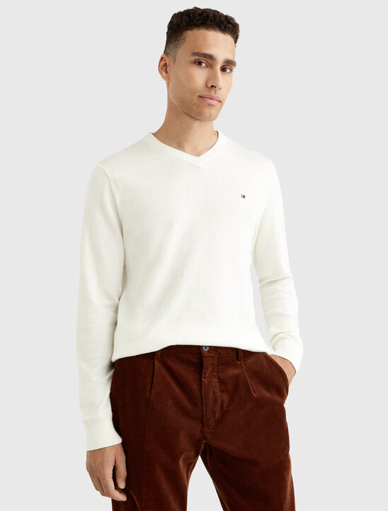 Cotton Cashmere V-Neck Jumper, Ivory Cotton Cashmere V-Neck Jumper