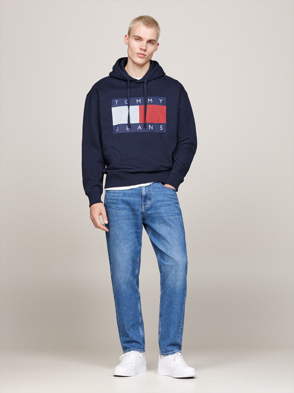 Tommy Flag Badge Mélange Relaxed Hoody, Dark Night Navy Melange, hi-res