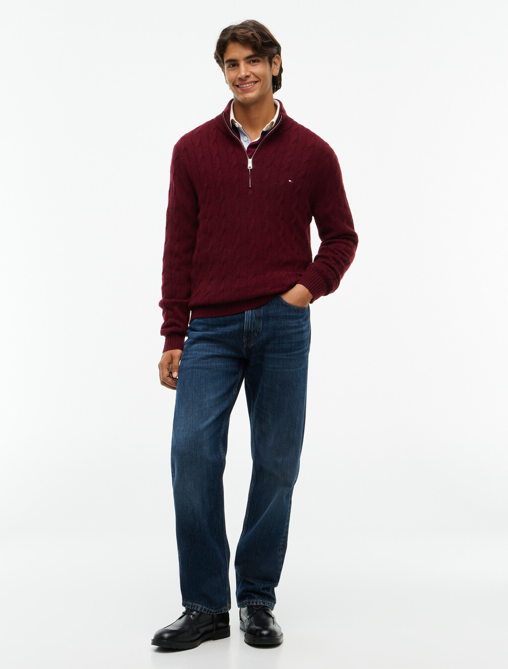 Pure Lambswool Cable Knit Quarter-Zip Jumper, Burgundy Heather, hi-res