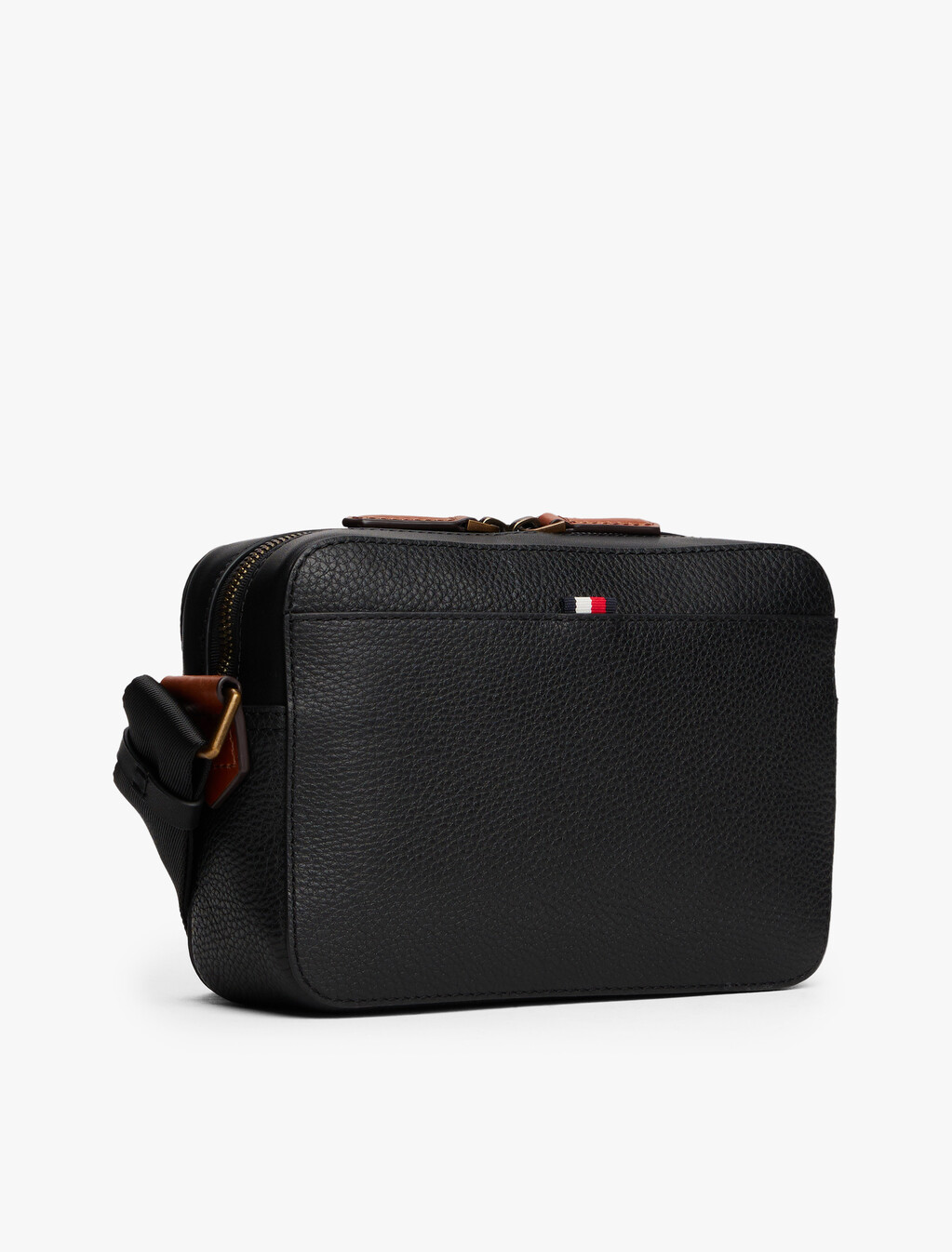 休閒 Preppy 風皮革斜肩包, Black, hi-res