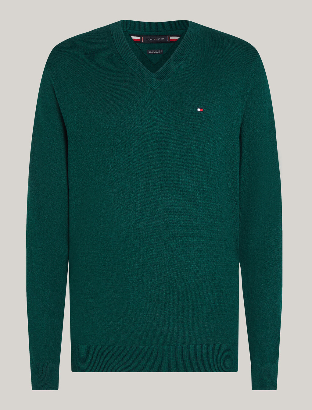 Cotton Cashmere V-Neck Jumper, Ornamental Green Heather, hi-res