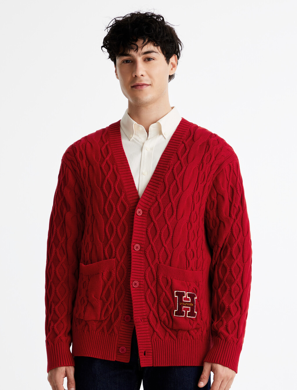 Cable Knit Letterman Applique Cardigan, Arizona Red, hi-res