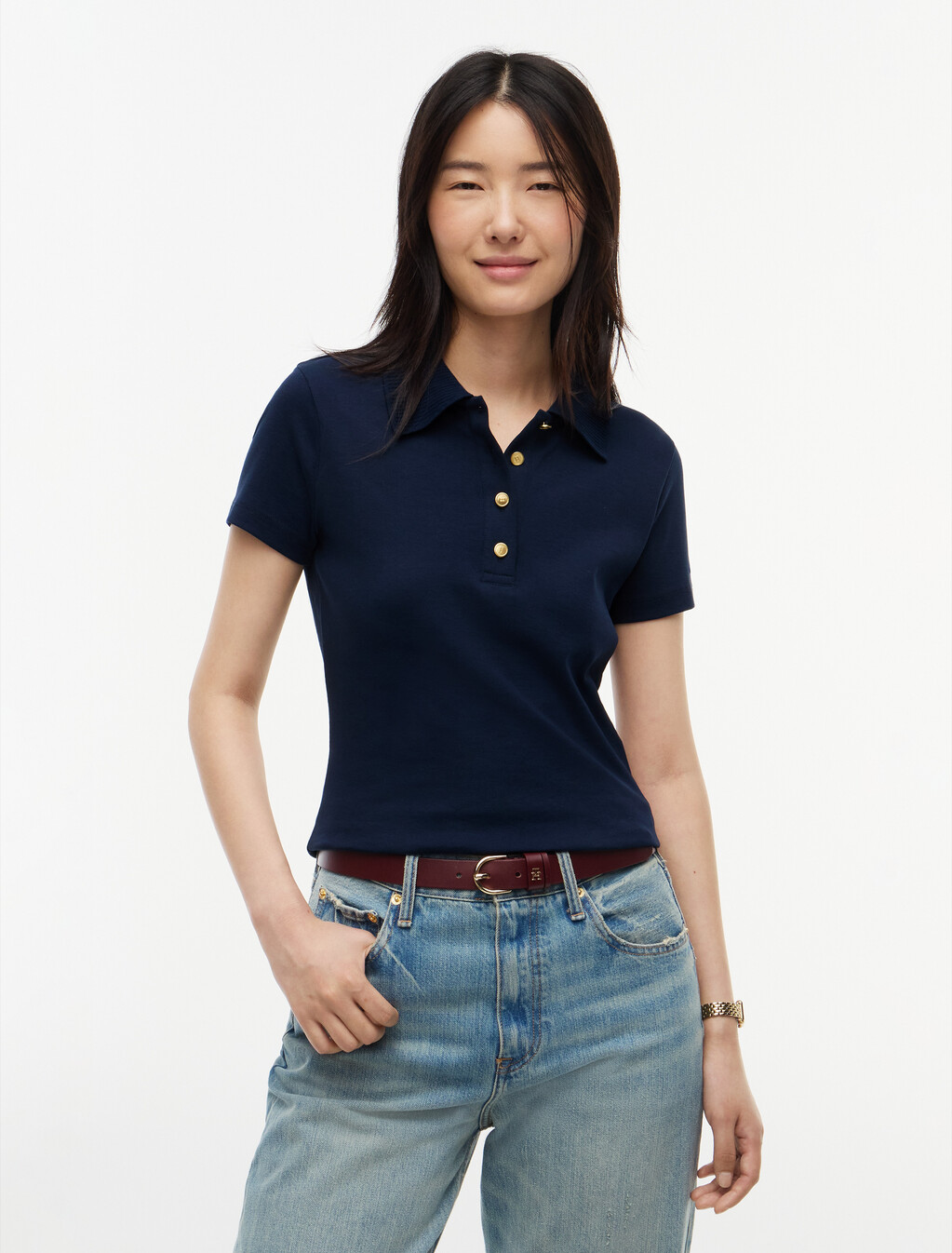 Slim Fit Gold-Tone Button Polo Shirt, Dark Blue, hi-res