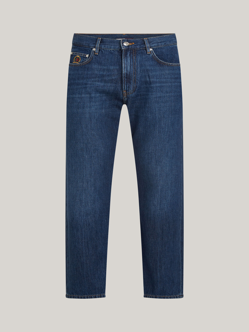 Crest Embroidery Faded Relaxed Jeans, Indigo, hi-res