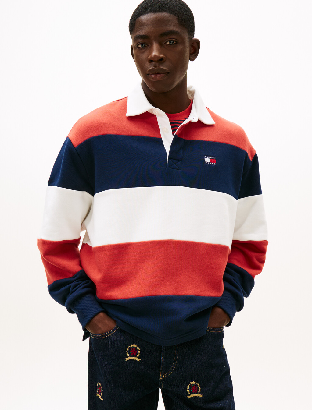 Tommy Badge Stripe Relaxed Rugby Shirt, D N Navy / Terracotta Red / Ecru, hi-res