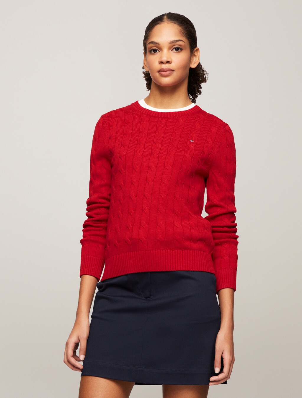 Cable Knit Pullover Sweater, Primary Red, hi-res