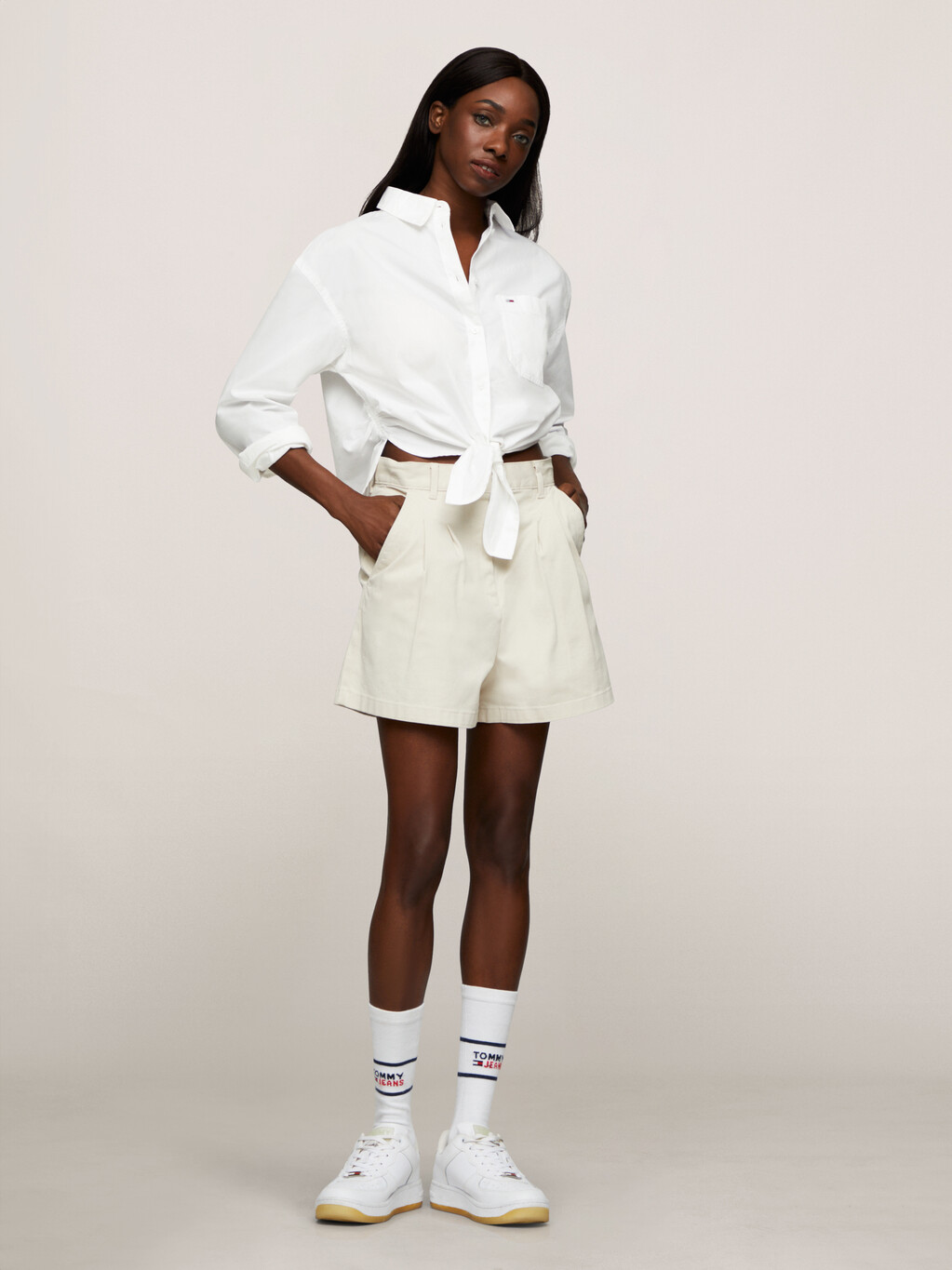 Tie Front Cropped Relaxed Fit Shirt, White, hi-res