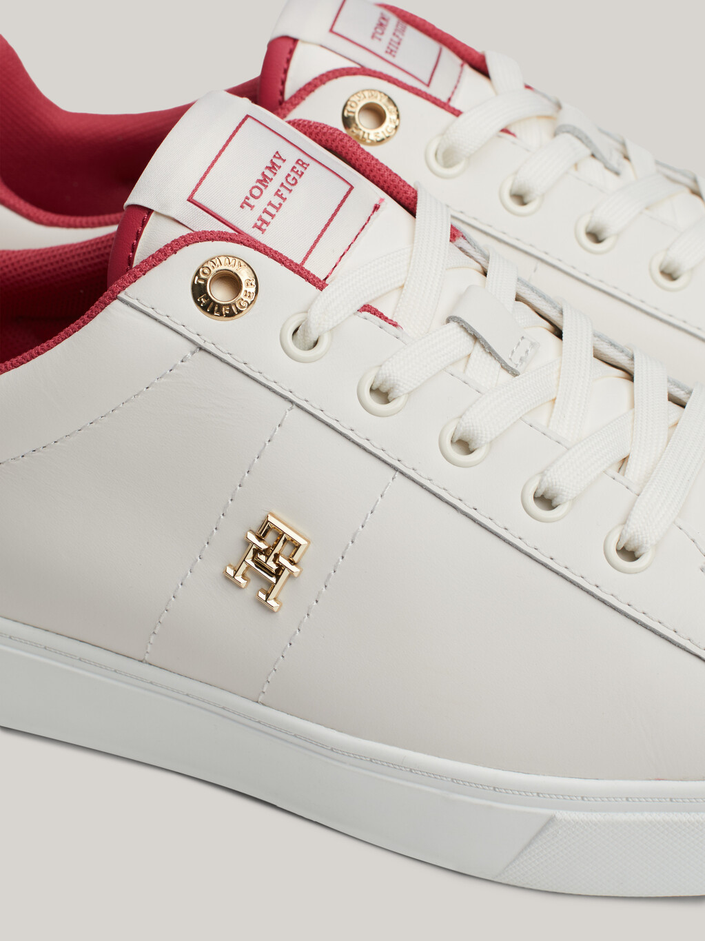 Essential TH Monogram Plaque Leather Trainers, Ancient White/Heritage Pink, hi-res