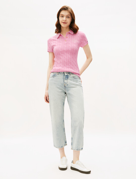 Asia Fit Cable Knit Slim Polo, Classic Pink Asia Fit Cable Knit Slim Polo