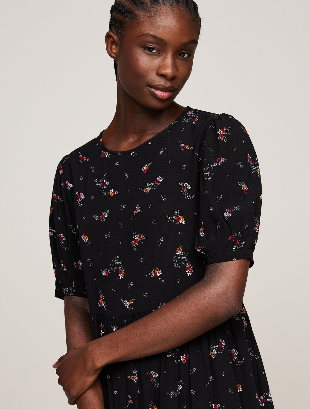 Tiered Floral Print Knee Length Dress, Black Mountain Floral, hi-res