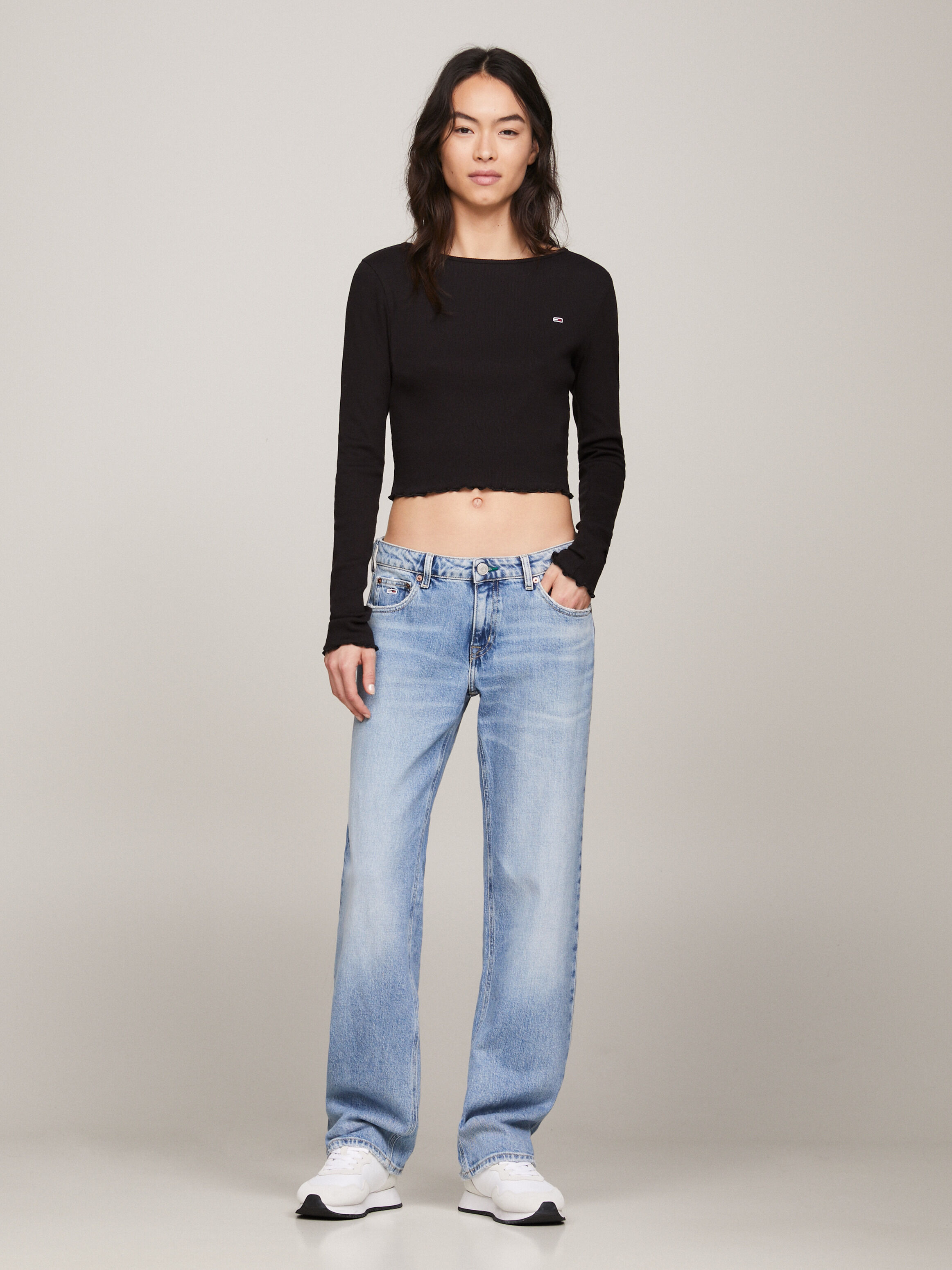 Ruffle Cropped Fit Long Sleeve T Shirt