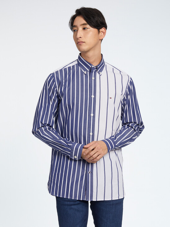 MIXED PINSTRIPE COLOR-BLOCKED CASUAL FIT SHIRT