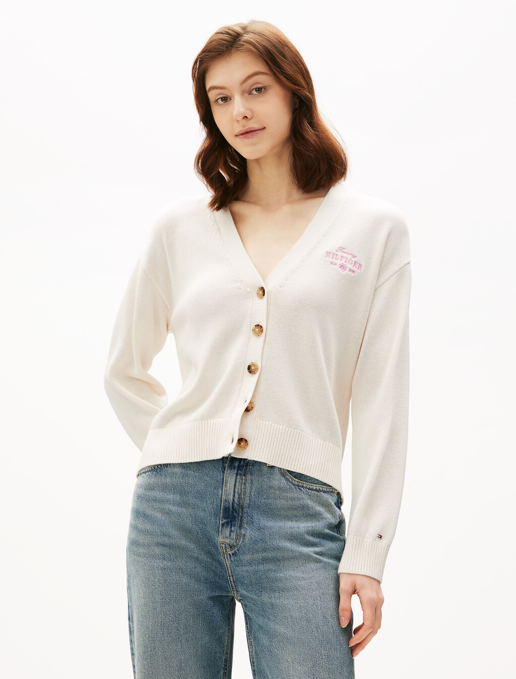 Asia Fit V Neck Cardigan, Ivory Petal, hi-res