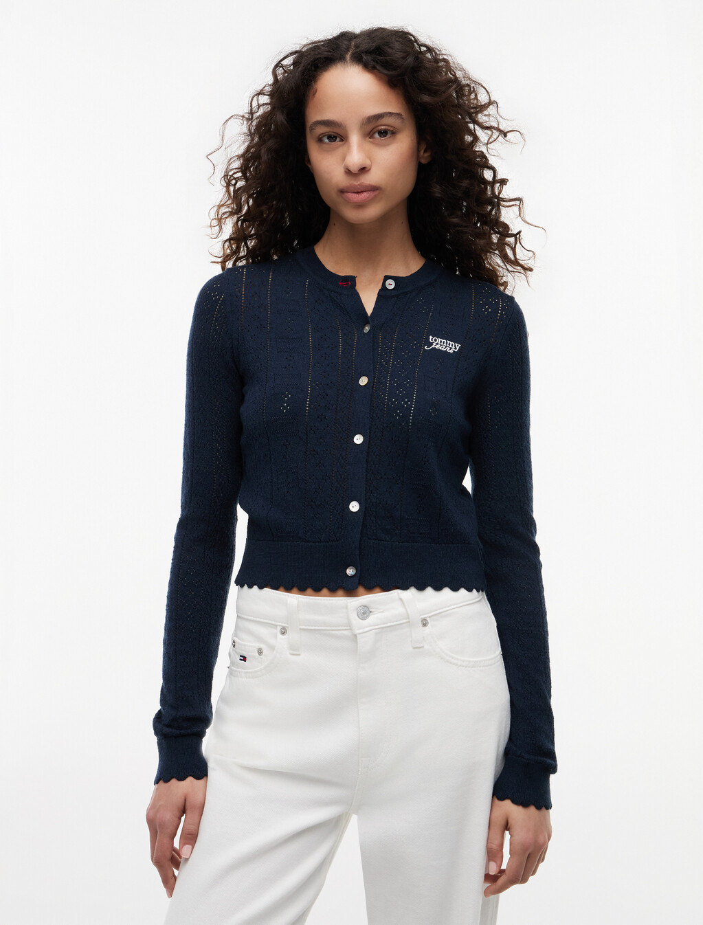 Slim Pointelle Flag Cardigan, Dark Night Navy, hi-res
