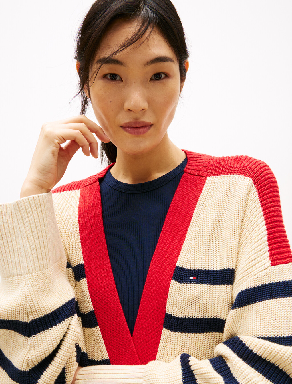 Relaxed V-Neck Cardigan, Dark Night Navy Stripe, hi-res