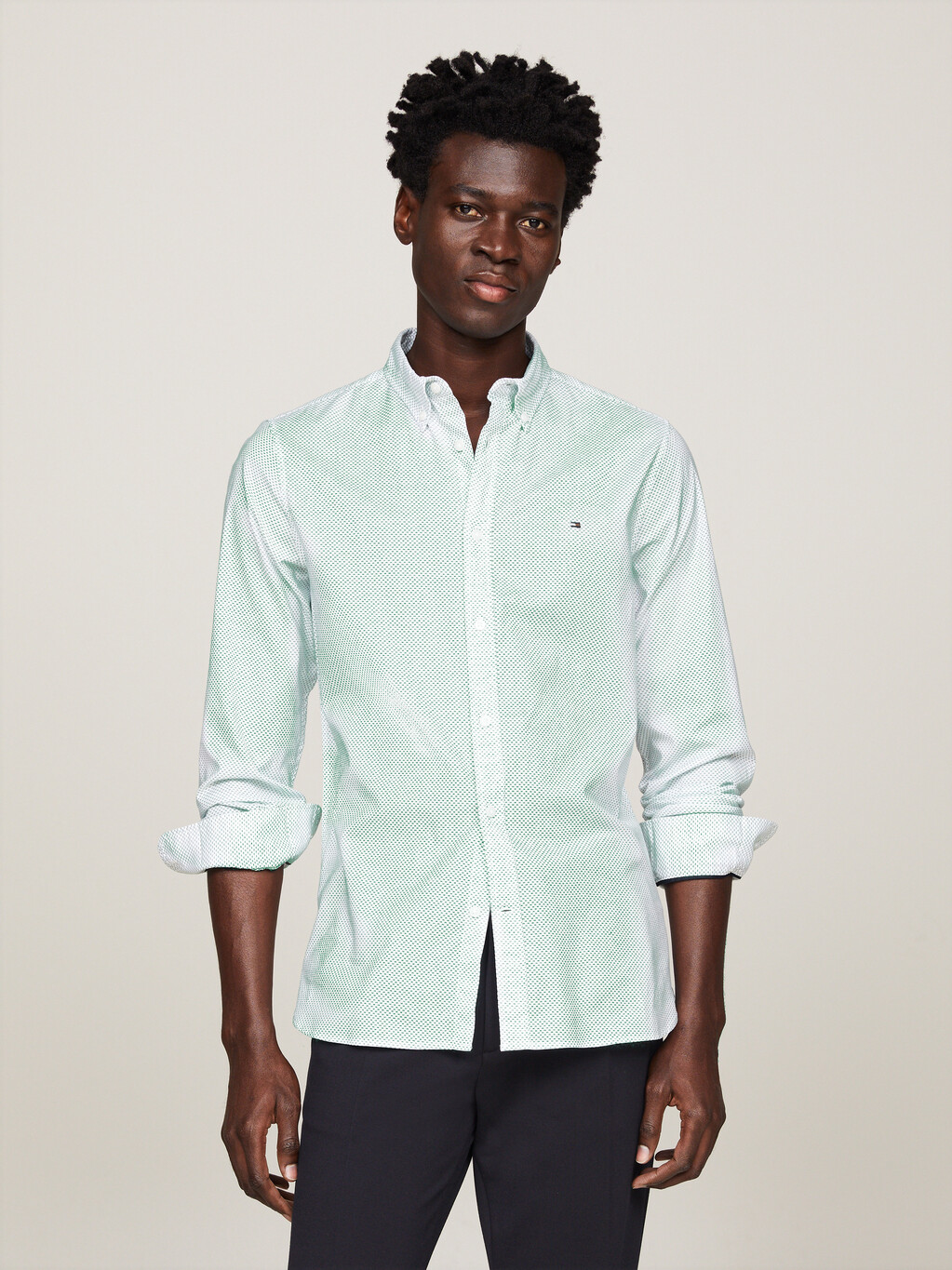 Flex Micro Print Slim Fit Shirt, Optic White / Olympic Green, hi-res