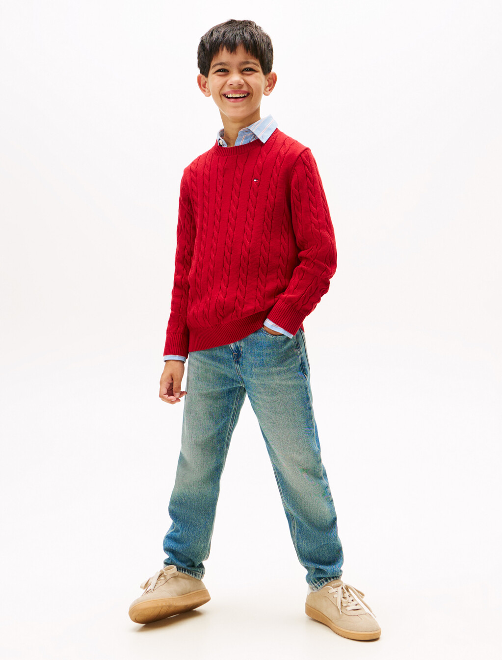 Cable Knit Crew Neck Jumper, Medium Red, hi-res