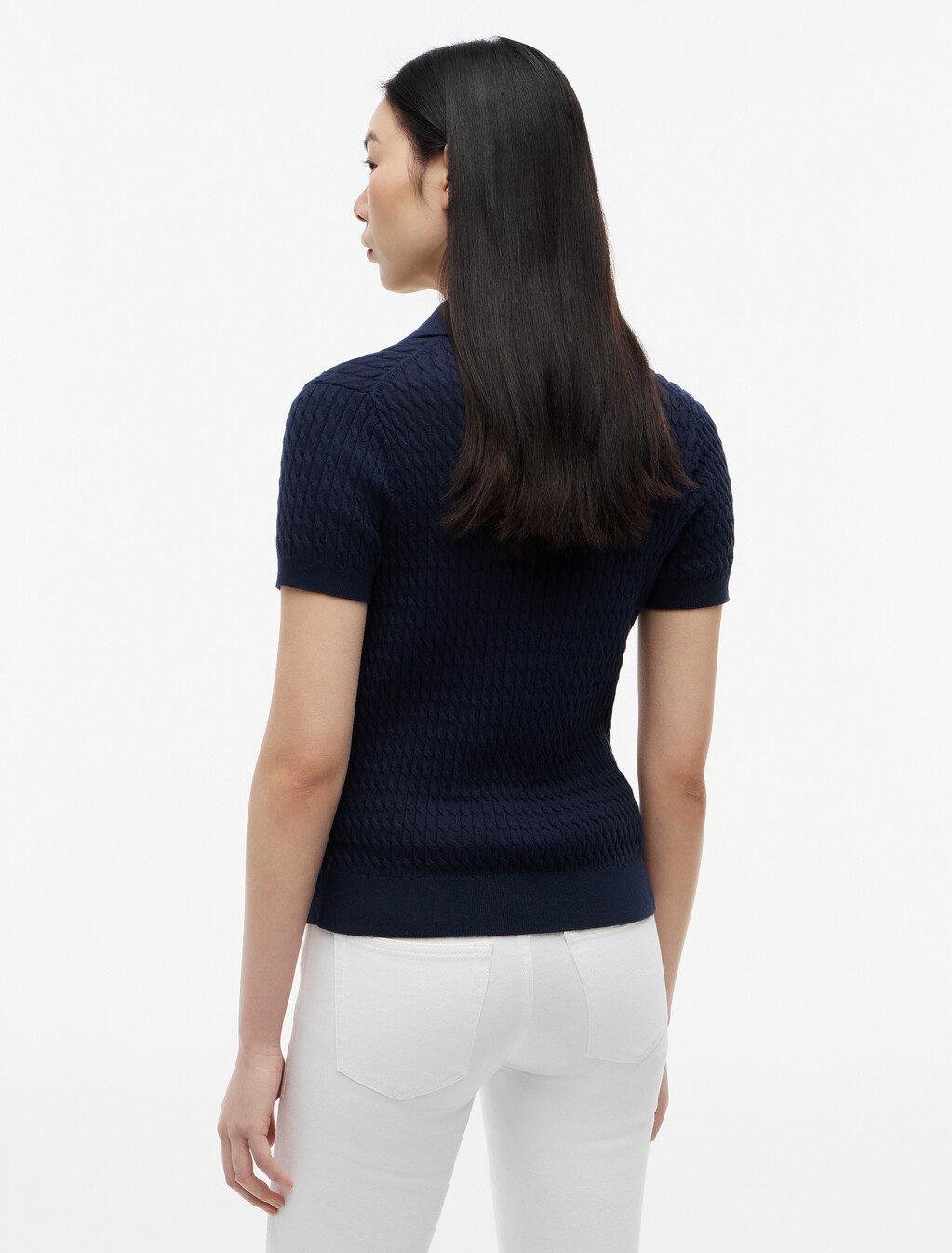 精細絞花針織 Polo 短袖毛衣, Dark Night Navy, hi-res